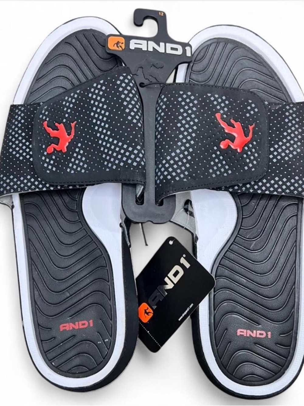 AND1 Black Slide Sandals with Red Logo Accents